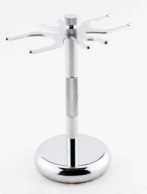 Deluxe 4 Prong Safety Razor and Shaving Brush Chrome Stand