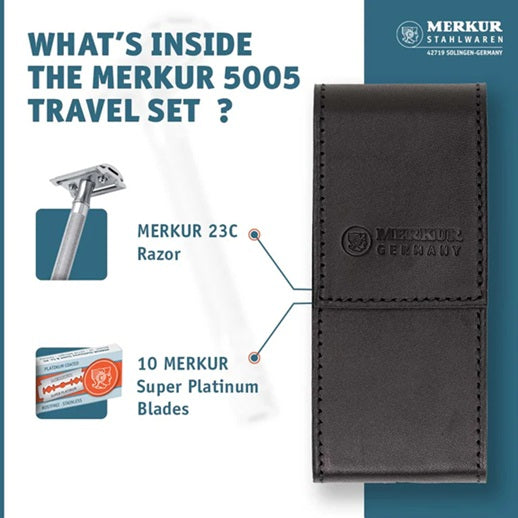 Merkur 5005 Travel Shaving Set with Merkur 23C, Leather Case and 10 Blades