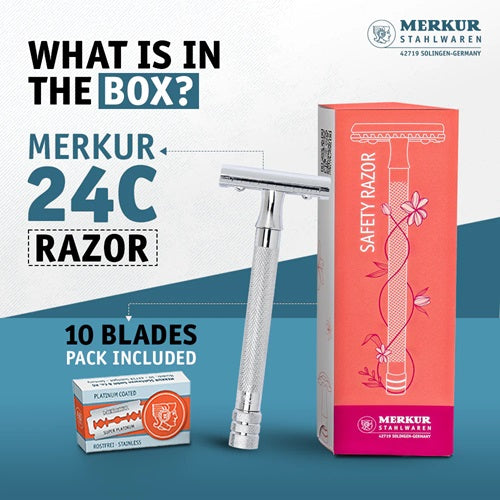 Merkur 24C Extra Long Double Edge Safety Razor with 10 Blades