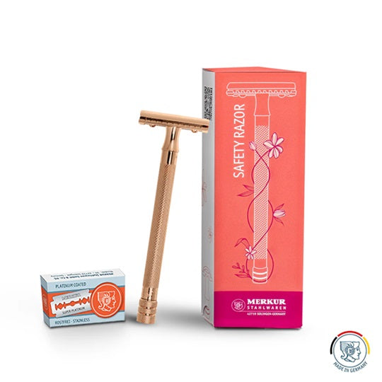 Merkur 24G Extra Long Handle Double Edge Safety Razor Rose Gold with 10 Blades