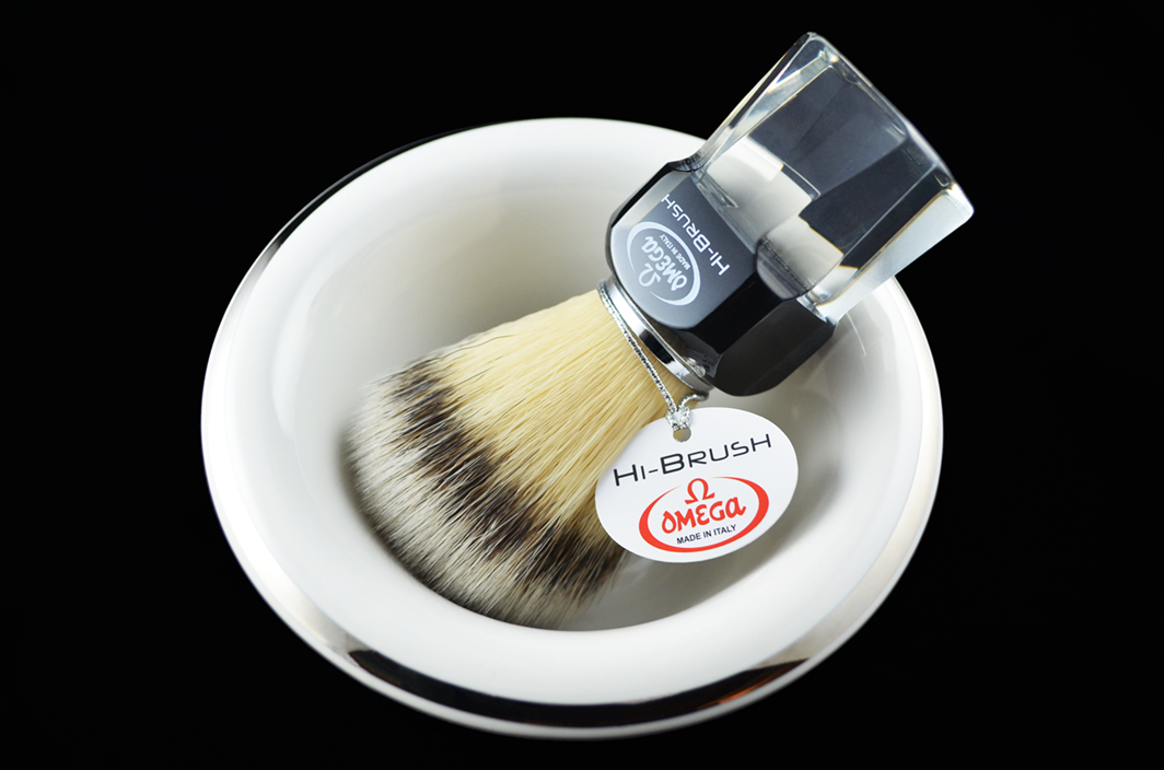 Omega HI-BRUSH Synthetic Fiber Shaving Brush, Black & Transparent Resin Handle