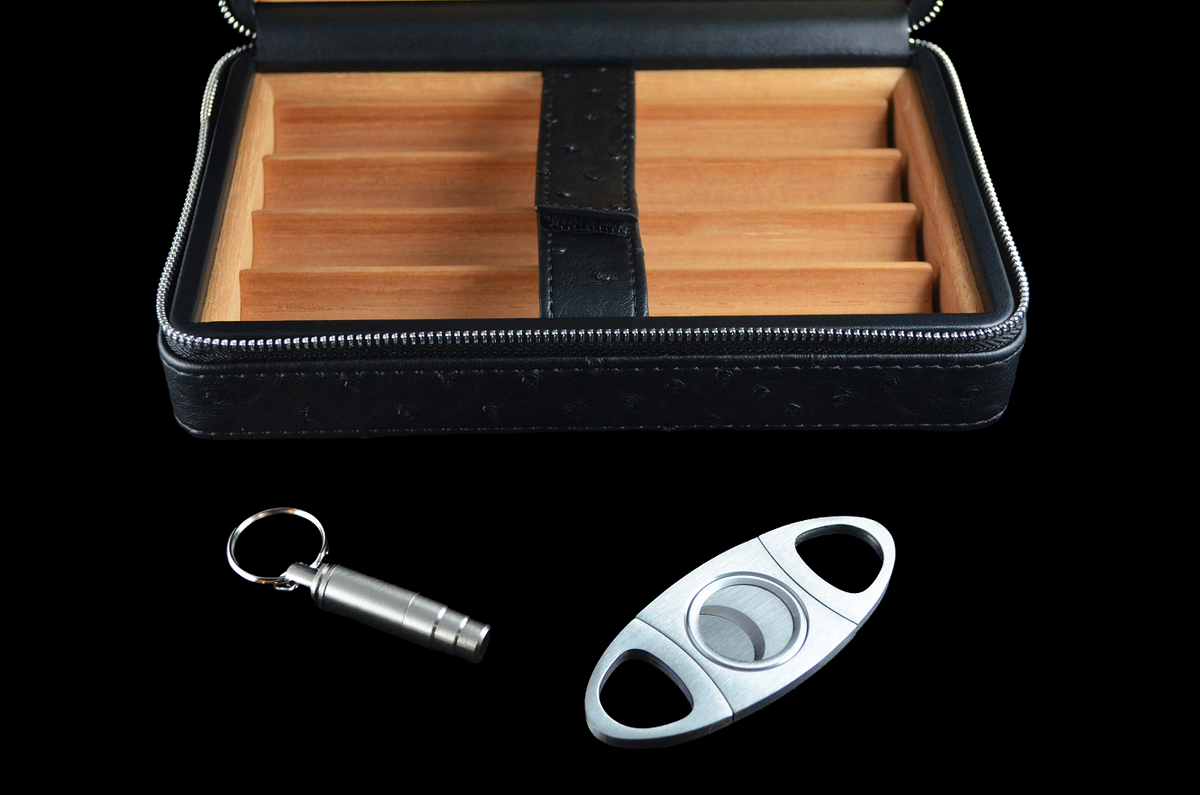Cigarol Wooden Leather Travel Humidor Kit (Brown or Black)