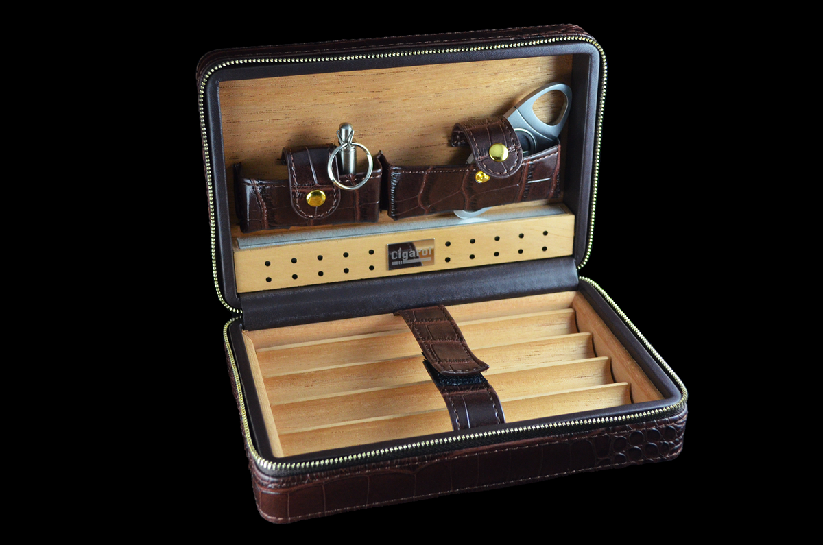 Cigarol Wooden Leather Travel Humidor Kit (Brown or Black)