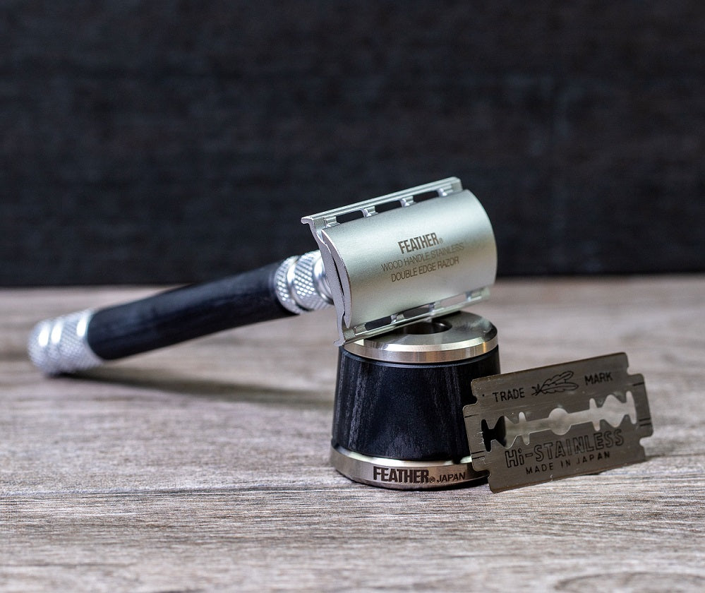 Feather Wood Handle Stainless Double Edge Razor w/Stainless Steel and Wood Stand WS-D2S