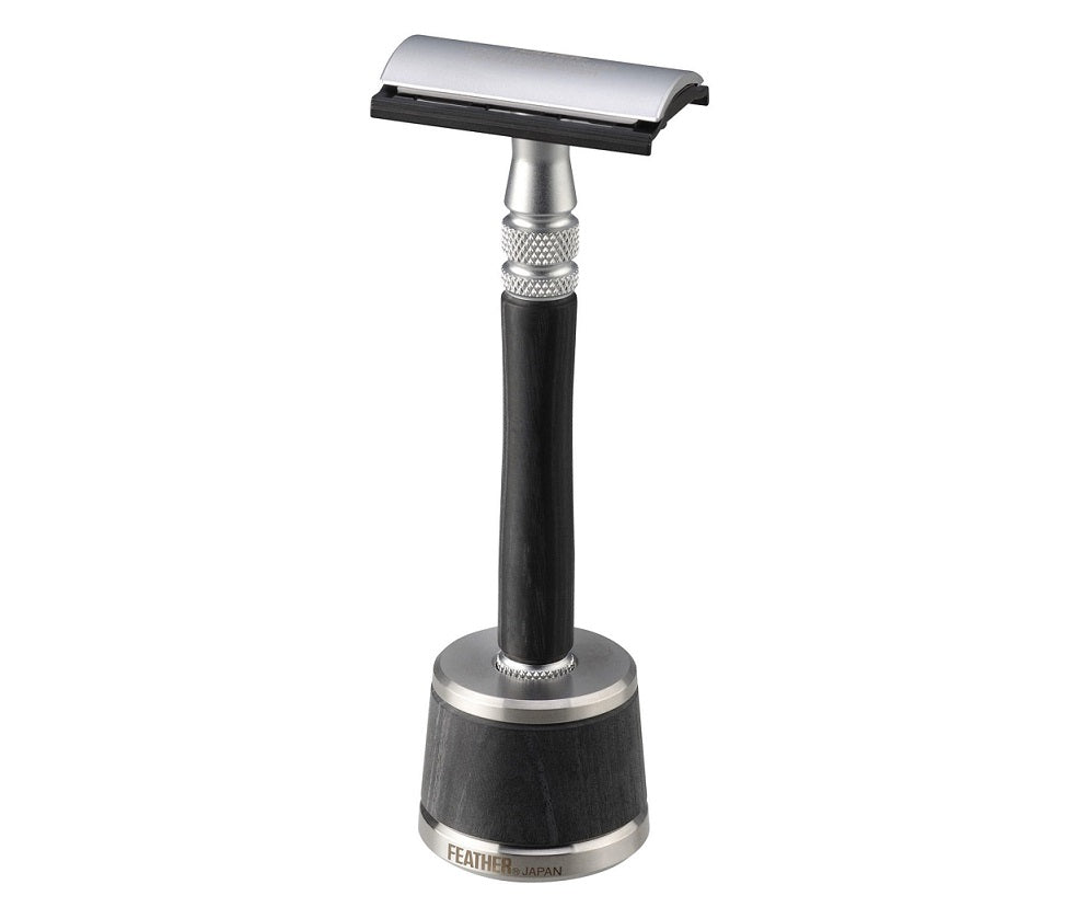 Feather Wood Handle Stainless Double Edge Razor w/Stainless Steel and Wood Stand WS-D2S