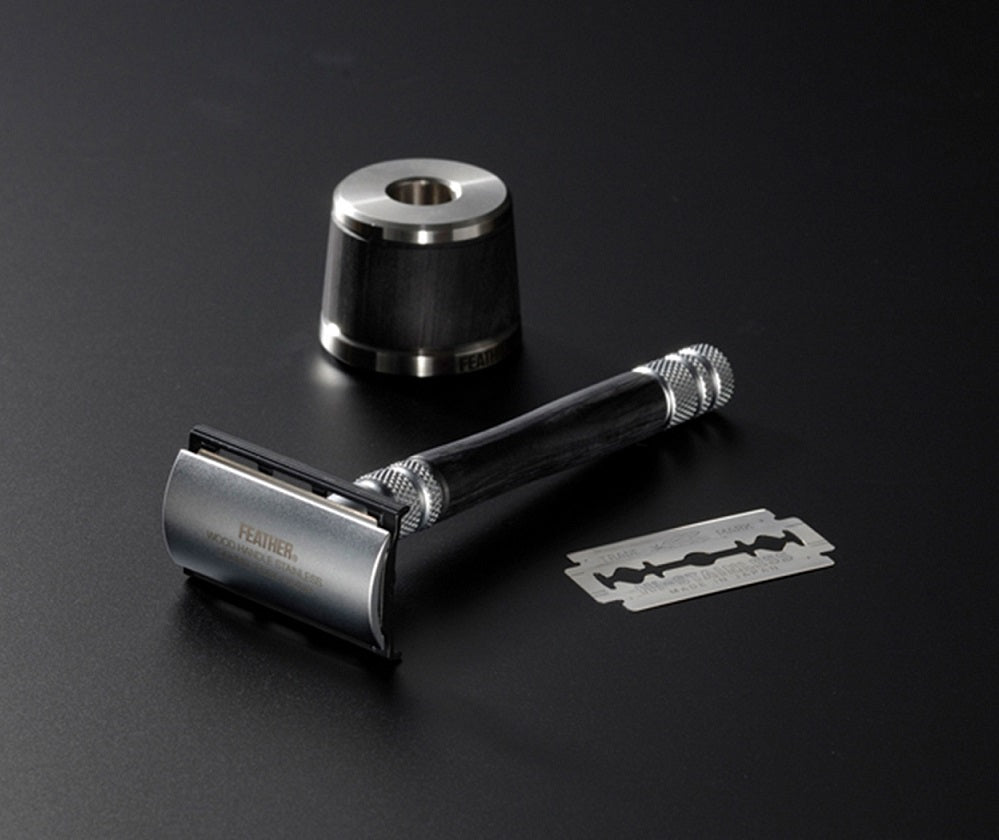 Feather Wood Handle Stainless Double Edge Razor w/Stainless Steel and Wood Stand WS-D2S