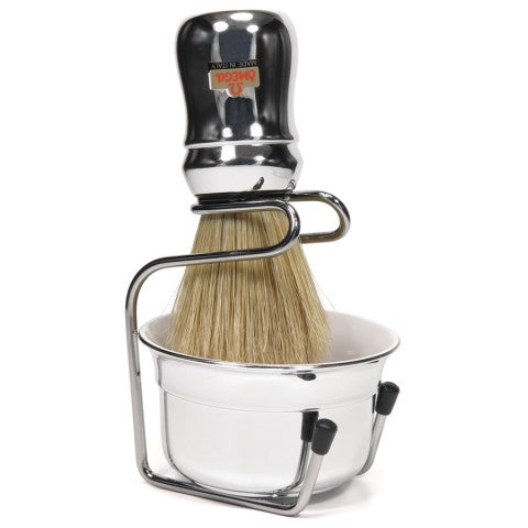 Omega 3 Piece Set - Professional Boar Brush Stand and Bowl Chrome
