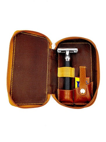 Parker Deluxe Leather Case for Safety Razor and Blades, Saddle Brown