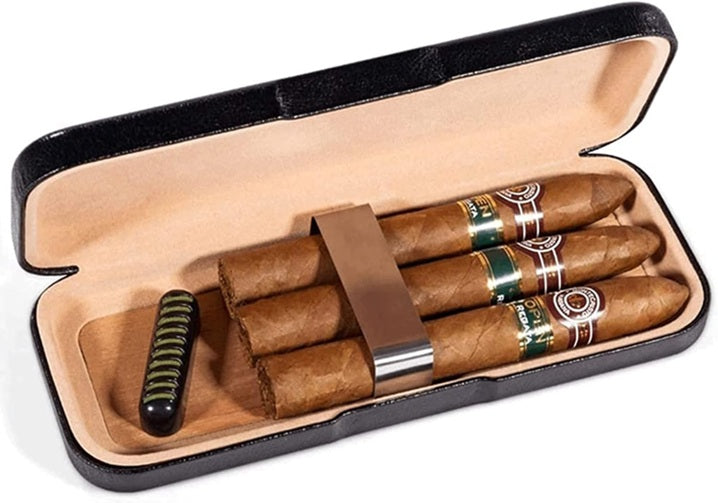 Black Leather Travel Humidor, Holds 3 Cigars