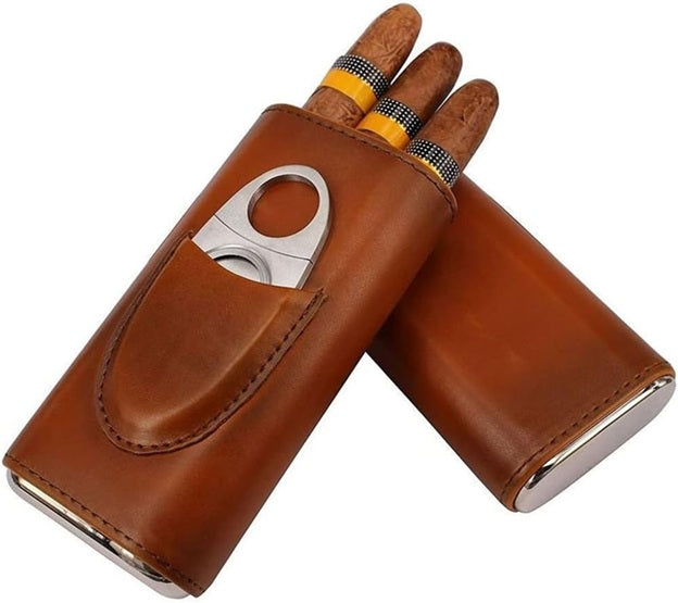 Brown Metal Top Cigar Case with Cutter