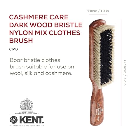 Kent K-CP6 Clothes Brush, For Cashmere, Black & White Pure Bristle, Mahogany