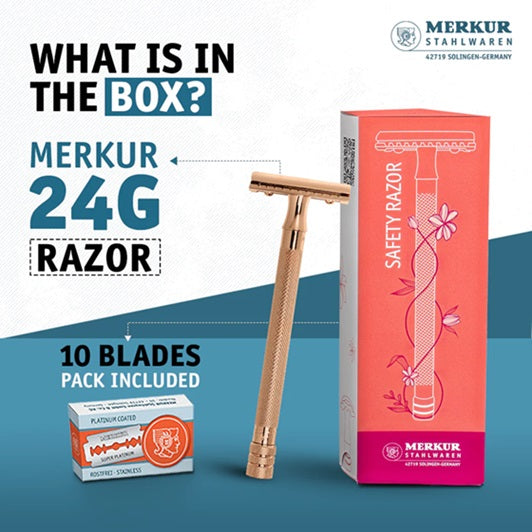 Merkur 24G Extra Long Handle Double Edge Safety Razor Rose Gold with 10 Blades