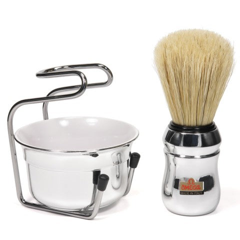 Omega 3 Piece Set - Professional Boar Brush Stand and Bowl Chrome