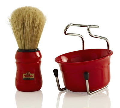 Omega 3 Piece Set - Professional Boar Brush Stand and Bowl Red