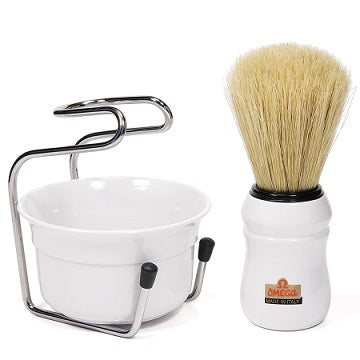 Omega 3 Piece Set - Professional Boar Brush Stand and Bowl White