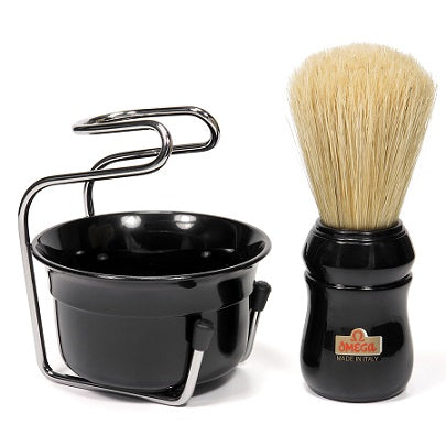 Omega 3 Piece Set - Professional Boar Brush, Stand and Bowl Black