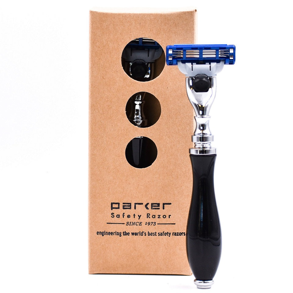 Safety Razor Vs Mach 3 Parker 111B Mach 3 Compatible Black Razor - The Classic Edge Shaving Store